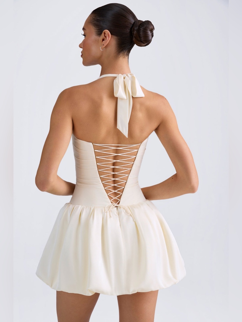 Ludmila Halterneck Lace-Up Bubble Hem Corset Micro Mini Dress in Ivory - Size 10 - Picture 2 of 11